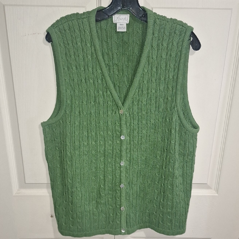 Vintage Foxcroft Green Cotton Cable Knit V-Neck Button Up Sweater Vest-XL - Picture 1 of 5